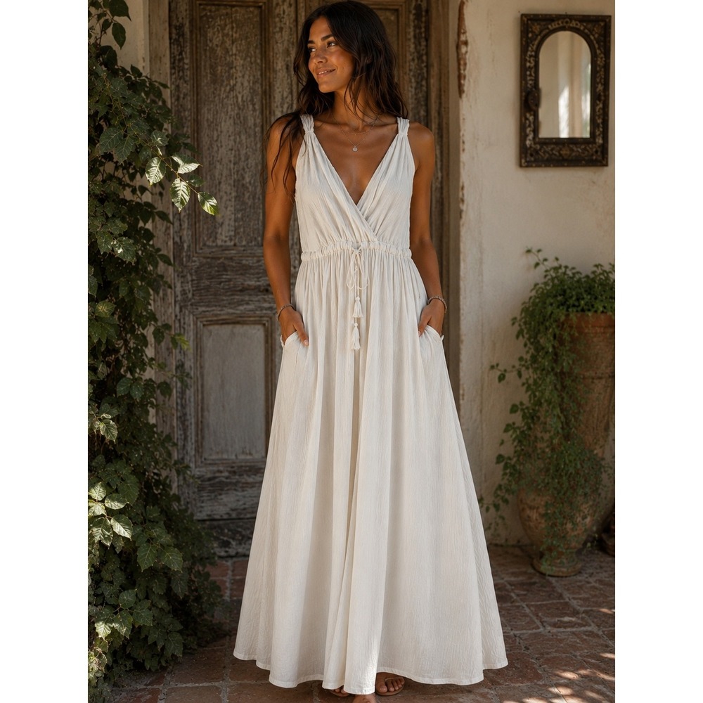 Mahina White Gauze Maxi Dress Sleeveless V-Neck Tassel Tie Waist Boho size small